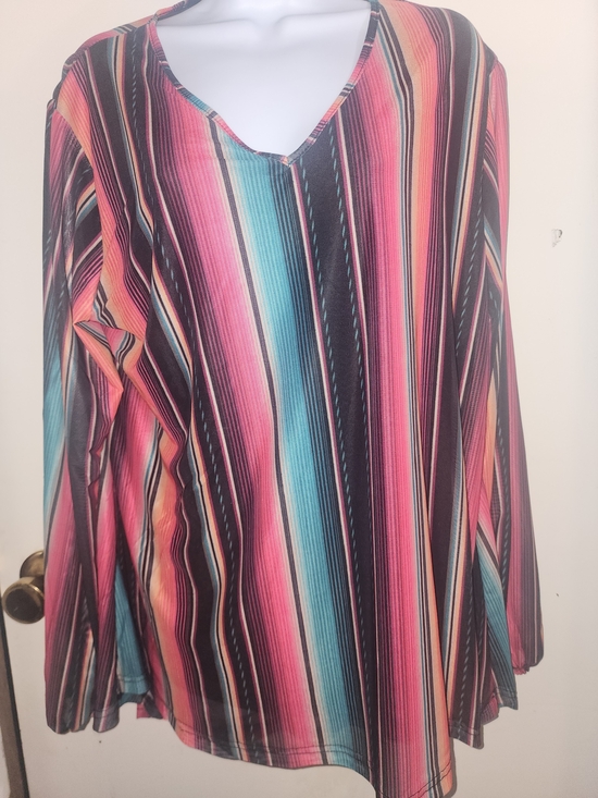 Crazy Train Tops - Crazy Train Striped V-Neck Top in Pink, Turquoise & Black